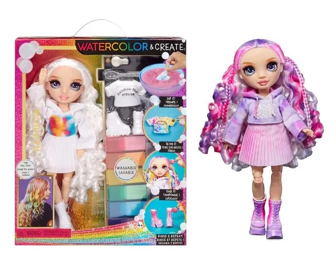 507581-EUC Rainbow High WaterColor & Create - Purple Eyes - Rainbow High